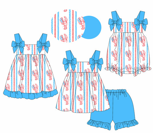 3.15 custom each style moq 5eta 4-6week Sibling Sisters lobster baby girl short sleeve shorts sets and dress and rompers match family design