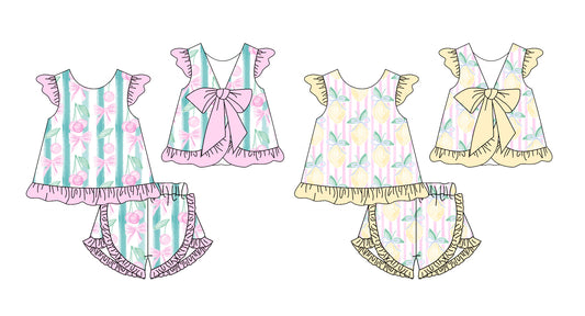 12.25 custom each style moq 5eta 4-6week Sibling Sister fruit bow baby girls short sleeve shorts sets 1 and sets 2 match design