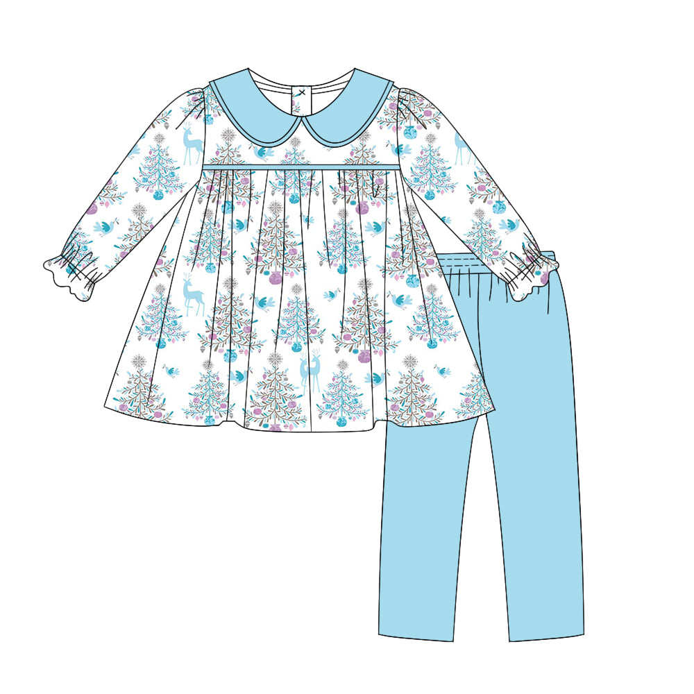 7.1 custom each style moq 5eta 4-6week Sibling Sister Christmas trees blue baby girls sets and dress match family design