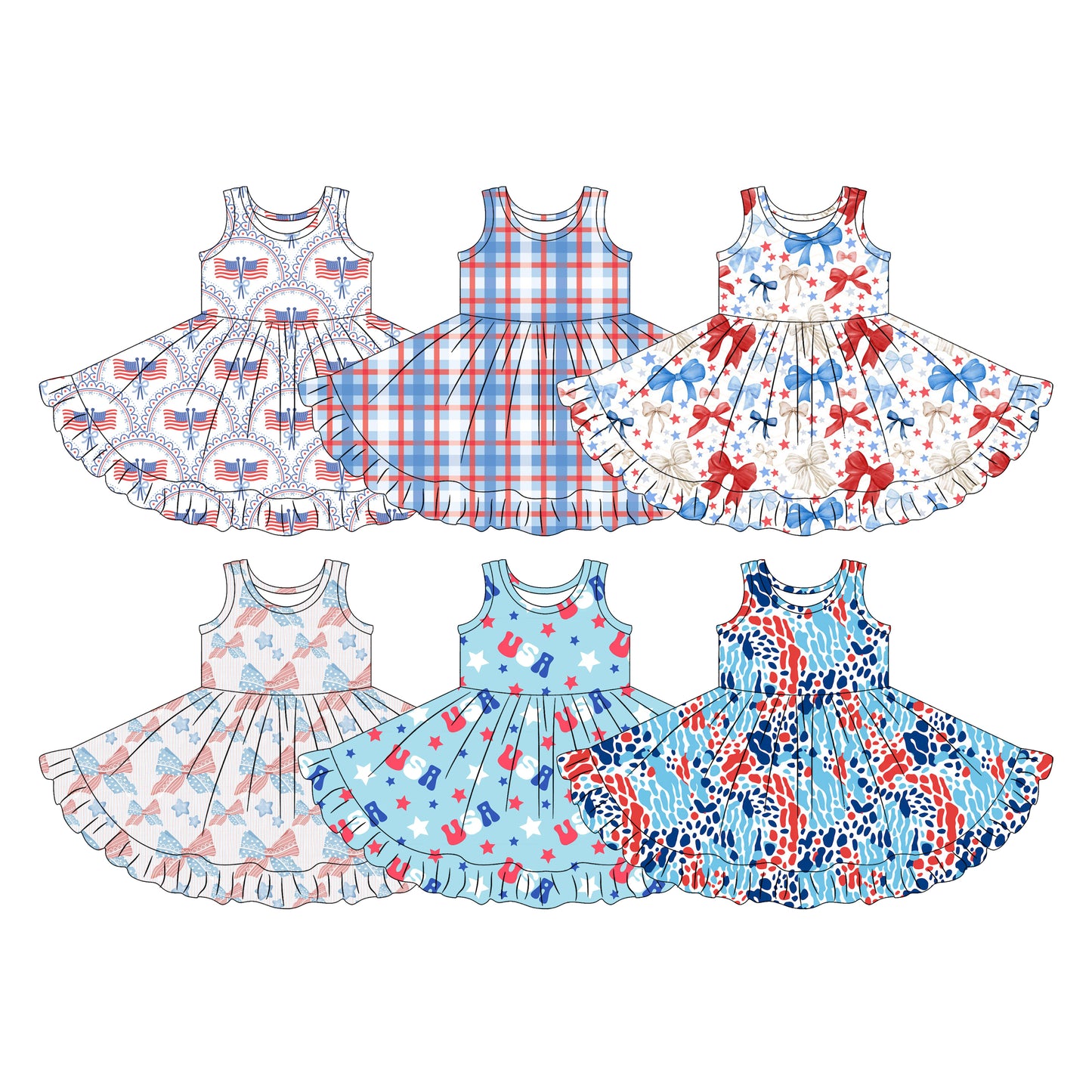 Custom moq 5 mix size Sibling Baby Girl's 4th of July Sleeveless Knee-Length Yoga Dress for Kids