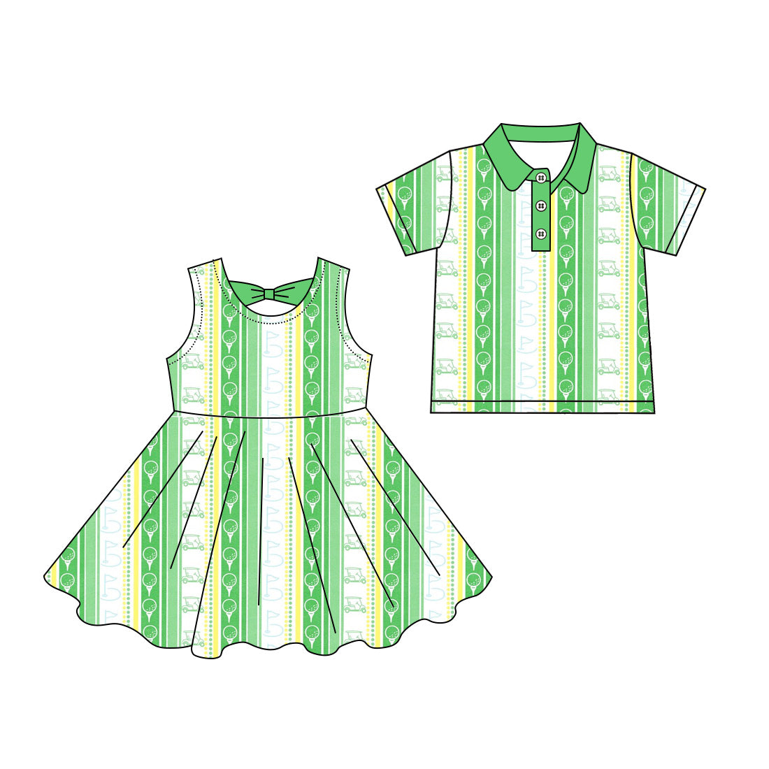 3.5 Custom moq 5 mix size Sibling Green Striped Sleeveless Knee-Length Dress for Girl Matching Short-Sleeved Polo Shirt for Boy