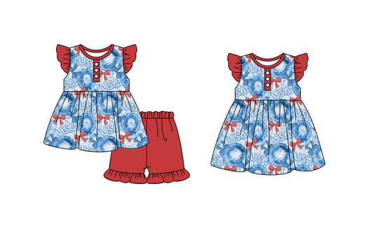 11.23 custom each style moq 5eta 4-6week Sibling Sister usa bow baby girl short sleeve shorts sets and dresses match design
