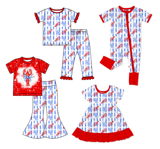 25.12.5 custom each style moq 5 eta 6-8week Sibling Sisters lobster bow baby girl short sleeve pants sets 2 and dress and rompers match family design