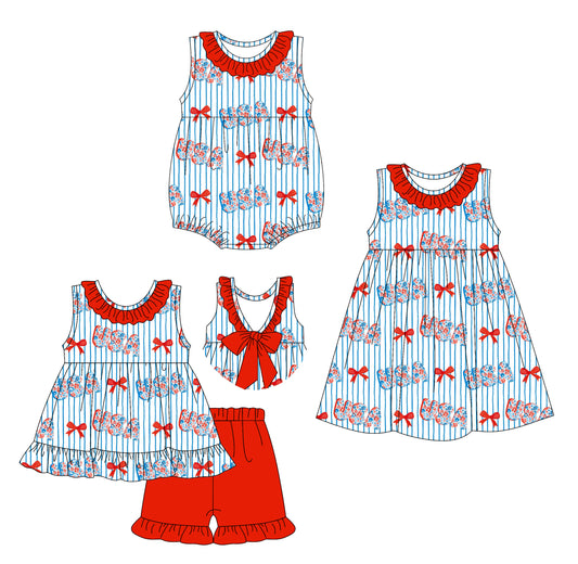 3.27 custom each style moq 5eta 4-6week Sibling Sisters bow baby girl short sleeve shorts sets and dress and rompers match family design
