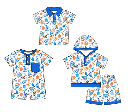 12.2 custom each style moq 5eta 4-6week Sibling Sister boat baby boy short sleeve shorts sets and boy romper and top match design