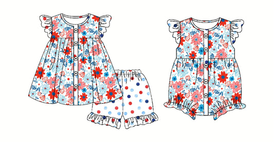 4.18 custom each style moq 5eta 4-6week Sibling Sisters floral baby girl short sleeve shorts sets and rompers match family design