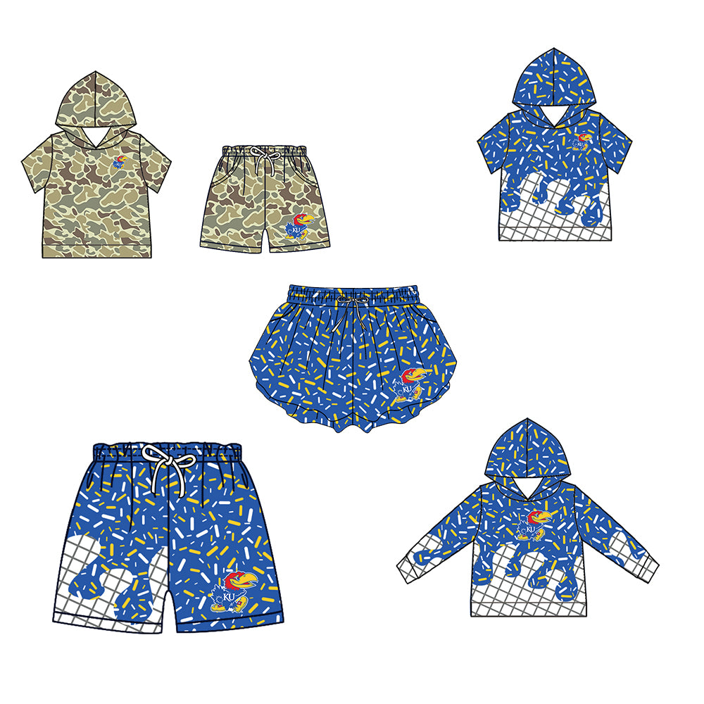 Custom moq 5 mix size milk silk summer teams Baby Camo Hooded Short Sleeve Top and Shorts Set Blue Ice Cream Drips Hooded Top with Matching Shorts