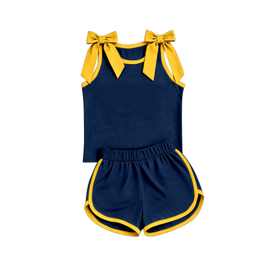 custom moq 5 mix size Baby Girls Yellow Bow Sleeveless Navy Blue Top Shorts Team Athletic Set