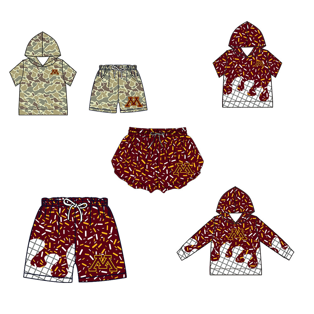 Custom moq 5 mix size milk silk summer teams Camo Hooded Short Sleeve Top Shorts Set Ice Cream Drips Dark Red Hooded Top with Matching Shorts For Kids