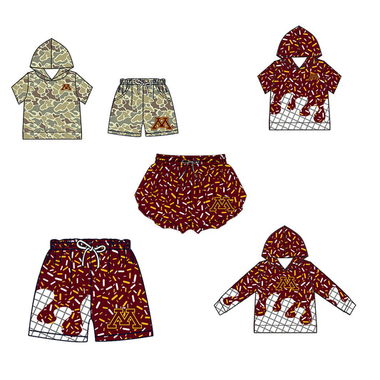 Custom moq 5 mix size milk silk summer teams Camo Hooded Short Sleeve Top Shorts Set Ice Cream Drips Dark Red Hooded Top with Matching Shorts For Kids