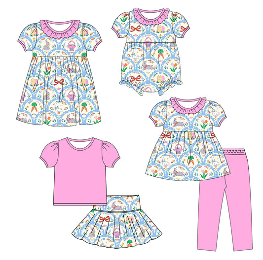 25.10.9 custom each style moq 8 eta 6-8week Sibling Sisters easter bunny floral baby girl short sleeve pants sets and skirts sets and dress and rompers match family design