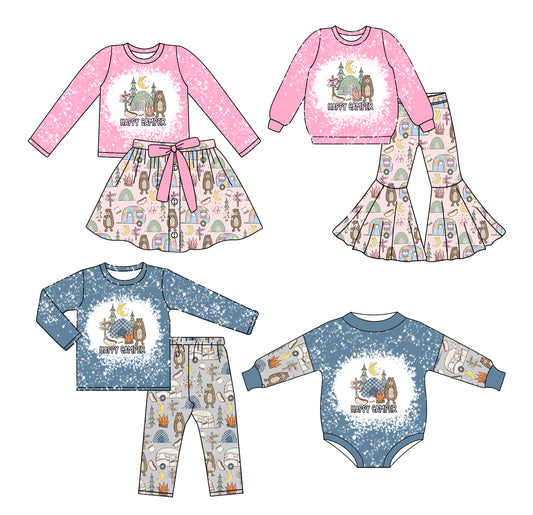 25.7.9 custom each style moq 5 eta 4-6week Sibling Sisters HAPPY CAMPER pink baby girl long sleeve pants sets 1 and sets 2 and romper and dress match family design