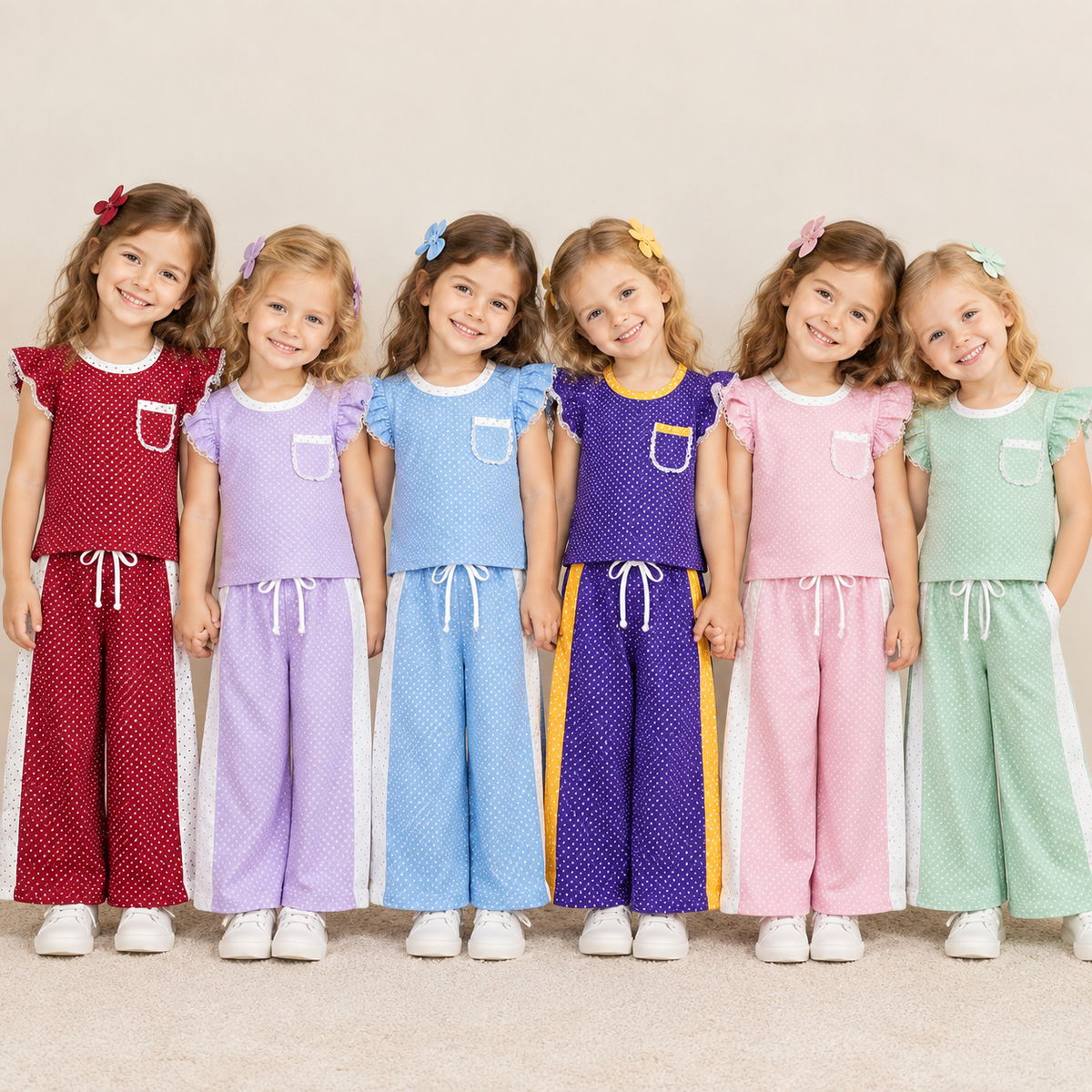 RTS NO MOQ Sibling milk silk Baby Girls Polka Dot Flutter Sleeve Top and Side Stripe Wide Leg Pants Set