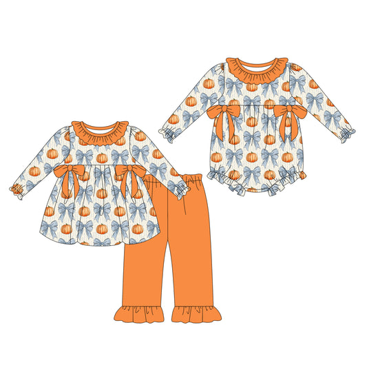 25.8.6 custom each style moq 5eta 4-6week Sibling Sister pumpkin bow baby girl long sleeve pants sets and rompers match family design