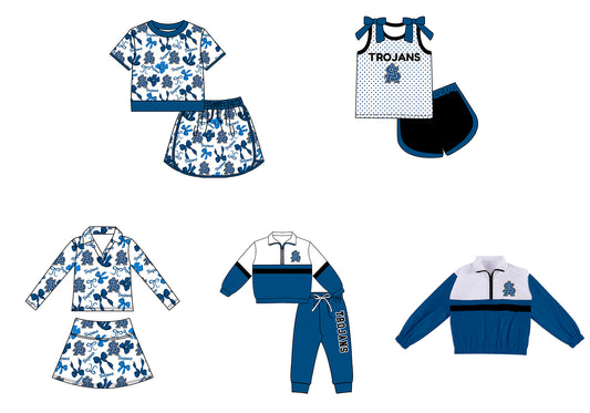 Custom moq 5 mix size milk silk summer teams Girls Polka Dot Top Shorts Set Top Skirt Short Set Blue Zipper Pullover Jogger Pants Set