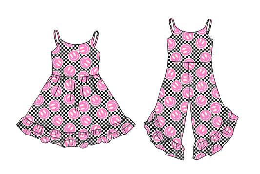 25.11.7 custom each style moq 5 eta 6-8week Sibling Sisters smiley baby girl short sleeve dress and jumpsuit match family design
