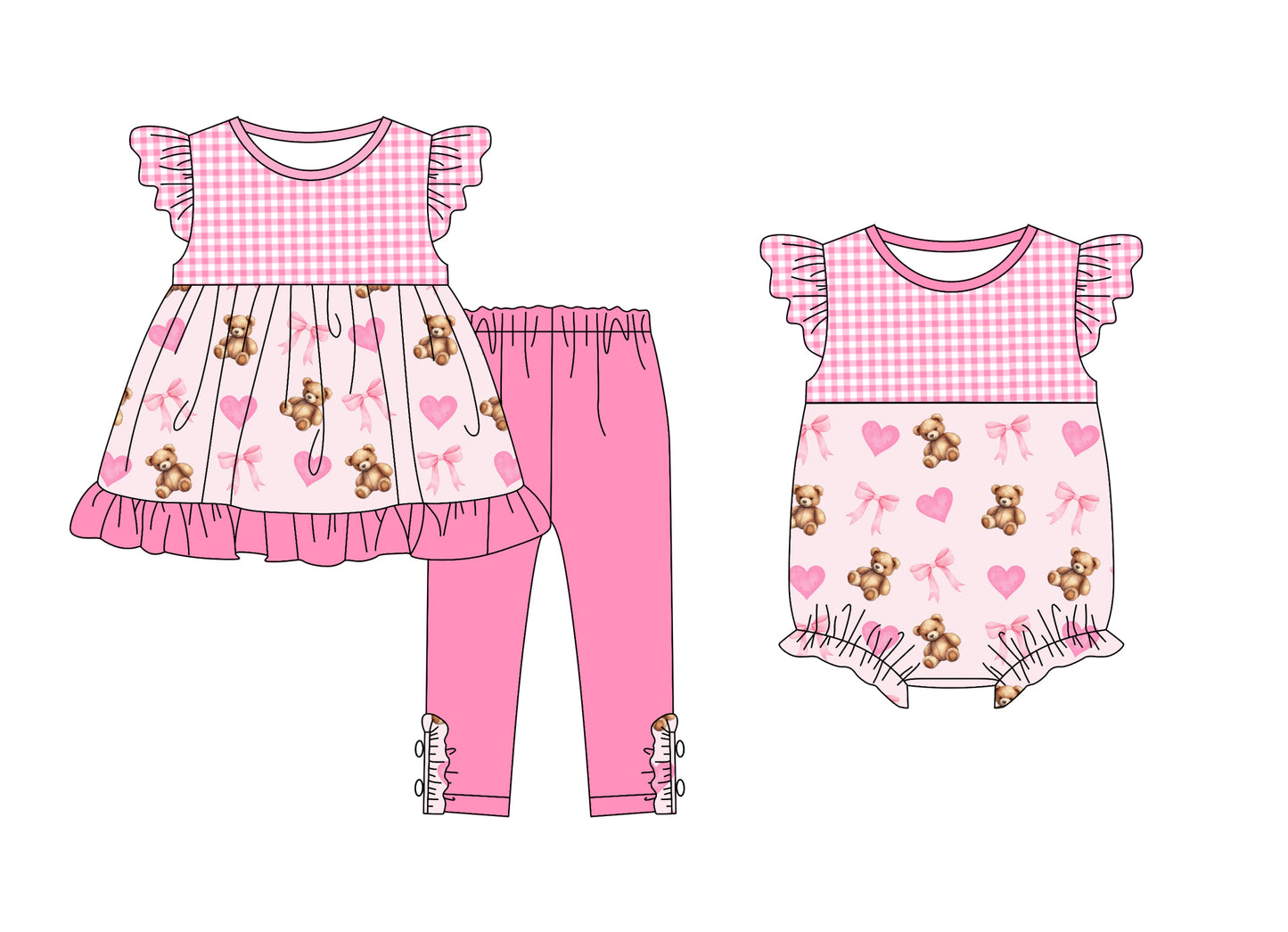11.15 custom each style moq 5eta 4-6week Sibling Sister love bear bow pink baby girls short sleeve sets and rompers match design