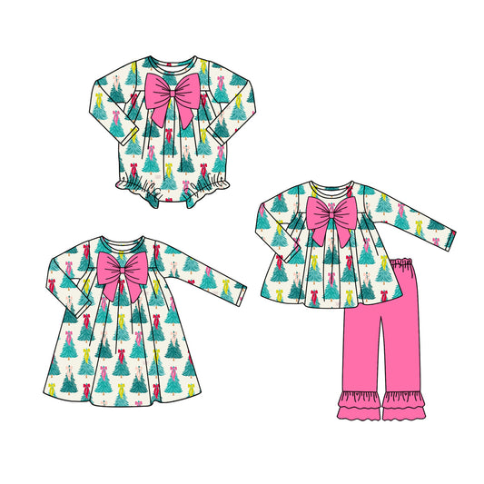25.7.10 custom each style moq 5eta 4-6week Sibling Sisters Christmas trees baby girl long sleeve pants sets and dress and rompers match family design