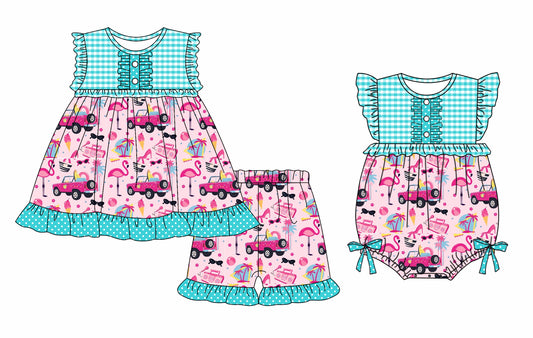 3.13 custom each style moq 5eta 4-6week Sibling Sister baby girl short sleeve shorts sets and romper match design