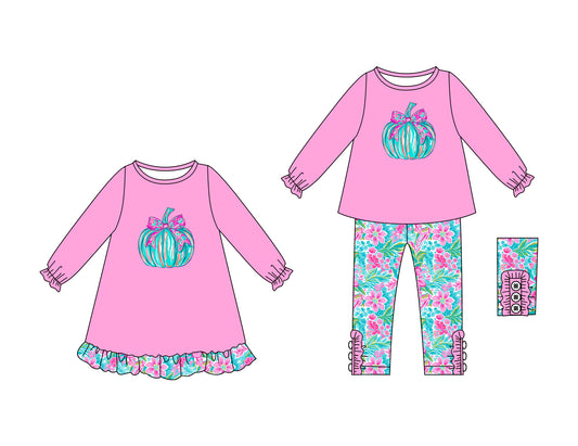25.6.7 custom each style moq 5eta 4-6week Sibling Sisters pumpkin baby girl long sleeve pants sets and dress match family design