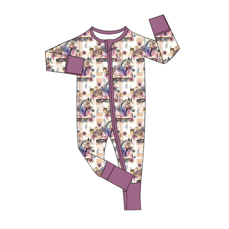 10.12 custom each style moq 5eta 4-6week Sibling horse floral purple baby girls sets and rompers match family design