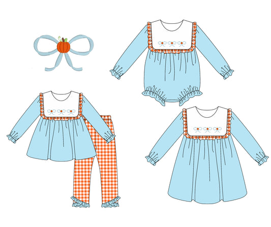 25.7.8 custom each style moq 5eta 4-6week Sibling Sisters bow pumpkin blue baby girl long sleeve pants sets and dress and rompers match family design