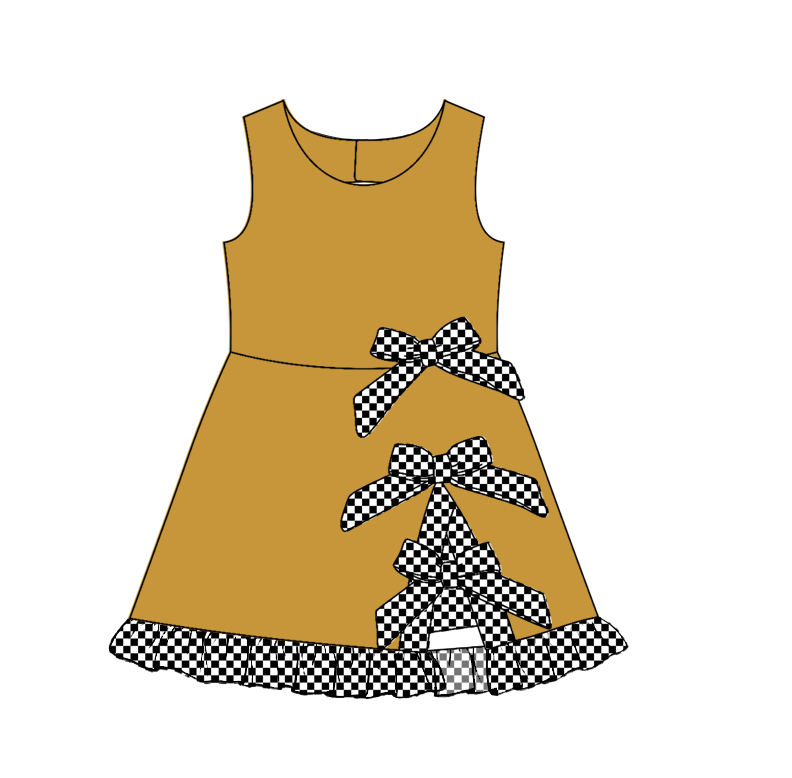 custom moq 5 mix size Baby Girls Sleeveless Checked Bow Yoga Scallop Knee Length Ruffle Dress