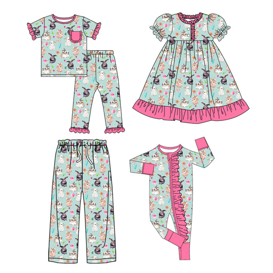 25.9.23 custom each style moq 8 eta 6-8week Sibling Sister bunny baby short sleeve pants sets and romper and dress and adult pants match design
