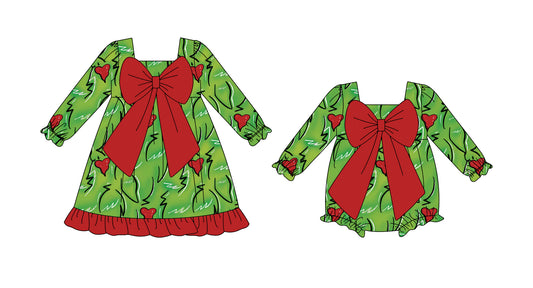 25.8.8 custom each style moq 5eta 4-6week Sibling Sisters Christmas green baby girl long sleeve dress and rompers match family design