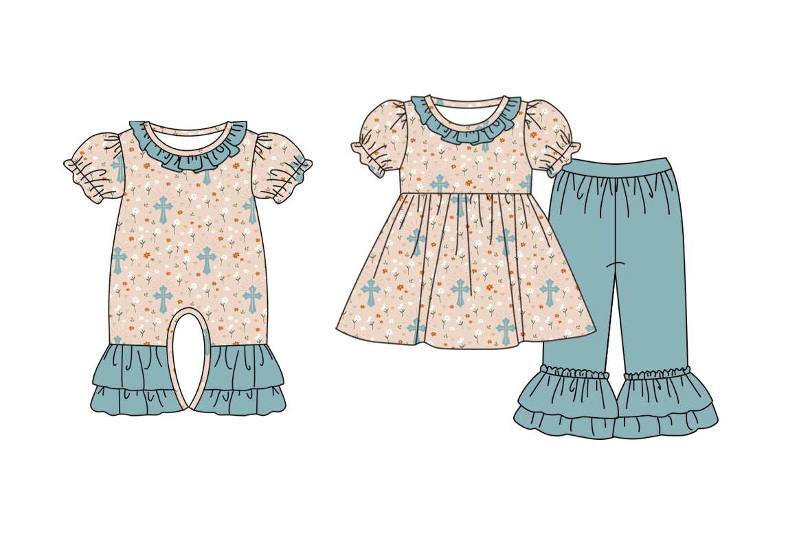 11.1 custom each style moq 5eta 4-6week Sibling Sister easter floral baby girls short sleeve sets and rompers match design