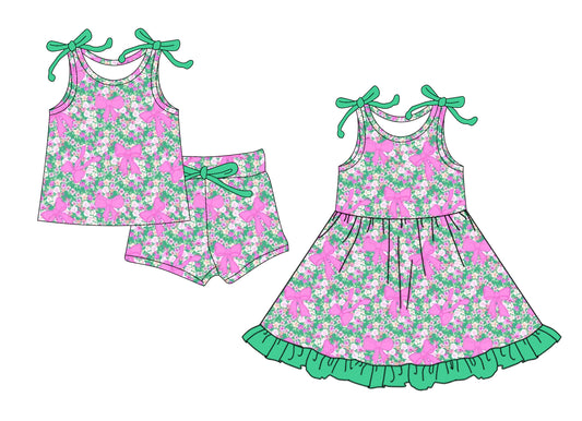 4.24 custom each style moq 5eta 4-6week Sibling Sister bow floral baby girl short sleeve shorts sets and dresses match design