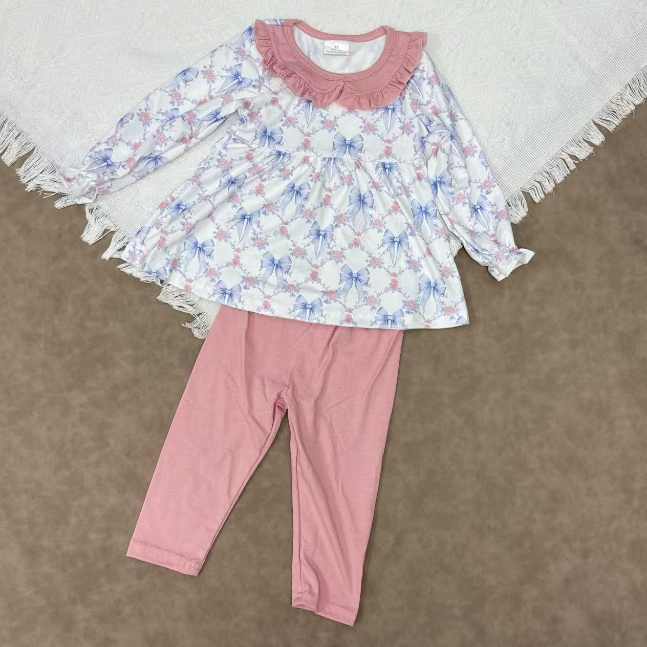 RTS NO MOQ（In Stock) GLP2774 Blue bow pattern floral plaid pink lace long-sleeved baby collar pant set