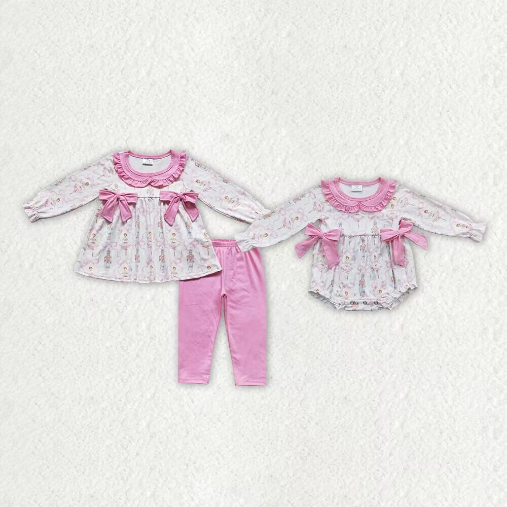 RTS NO MOQ Sibling Girl Print Pink Bow Collar Long Sleeve Pant Clothes Sets Christmas Ruffle Rompers