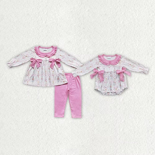 RTS NO MOQ Sibling Girl Print Pink Bow Collar Long Sleeve Pant Clothes Sets Christmas Ruffle Rompers