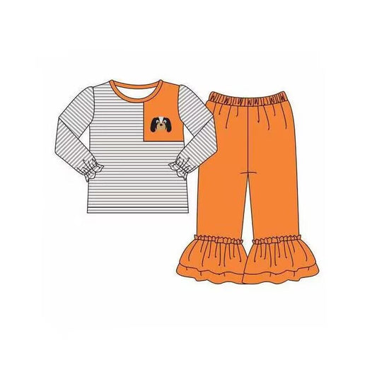 Custom moq 3 tat about 6-8 weeks Lop-eared dog black and white striped long-sleeved top and orange ruffled trousers set