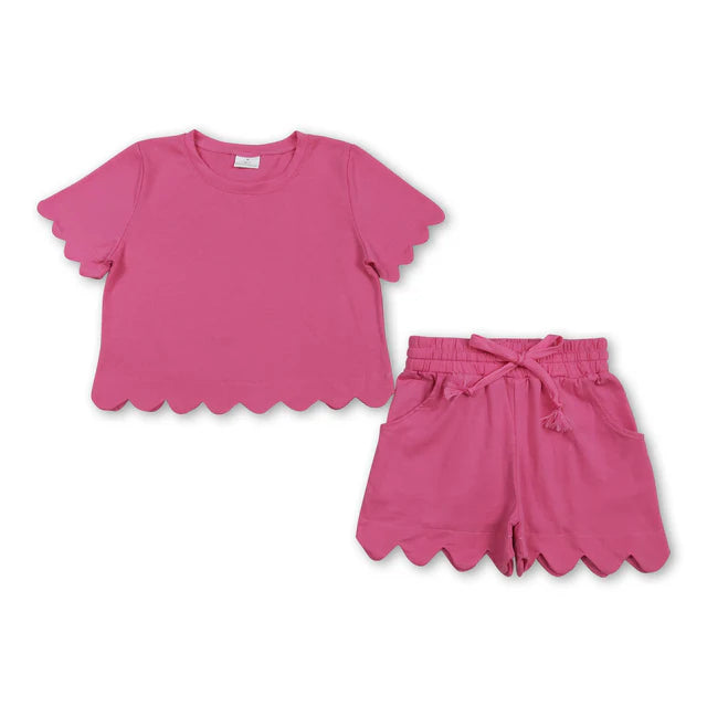 RTS NO MOQ Sibling Baby Girls Lavender Short Sleeve Shirts Top Scallop Shorts Clothes Sets