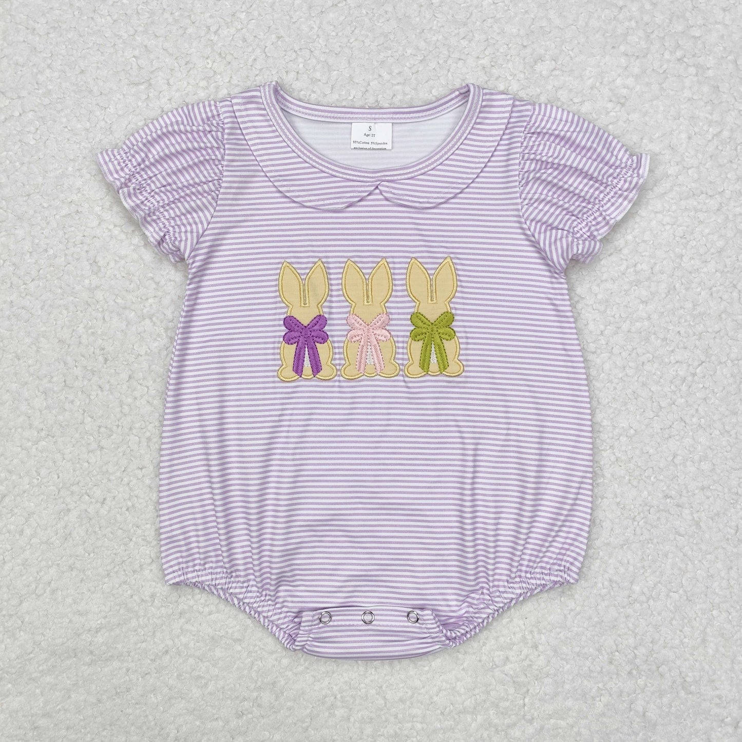 RTS NO MOQ ETA 5/7days arrived SR2074 Embroidered bow rabbit purple striped doll collar short-sleeved jumpsuit