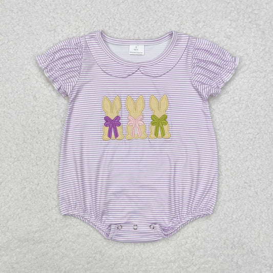 RTS NO MOQ ETA 5/7days arrived SR2074 Embroidered bow rabbit purple striped doll collar short-sleeved jumpsuit