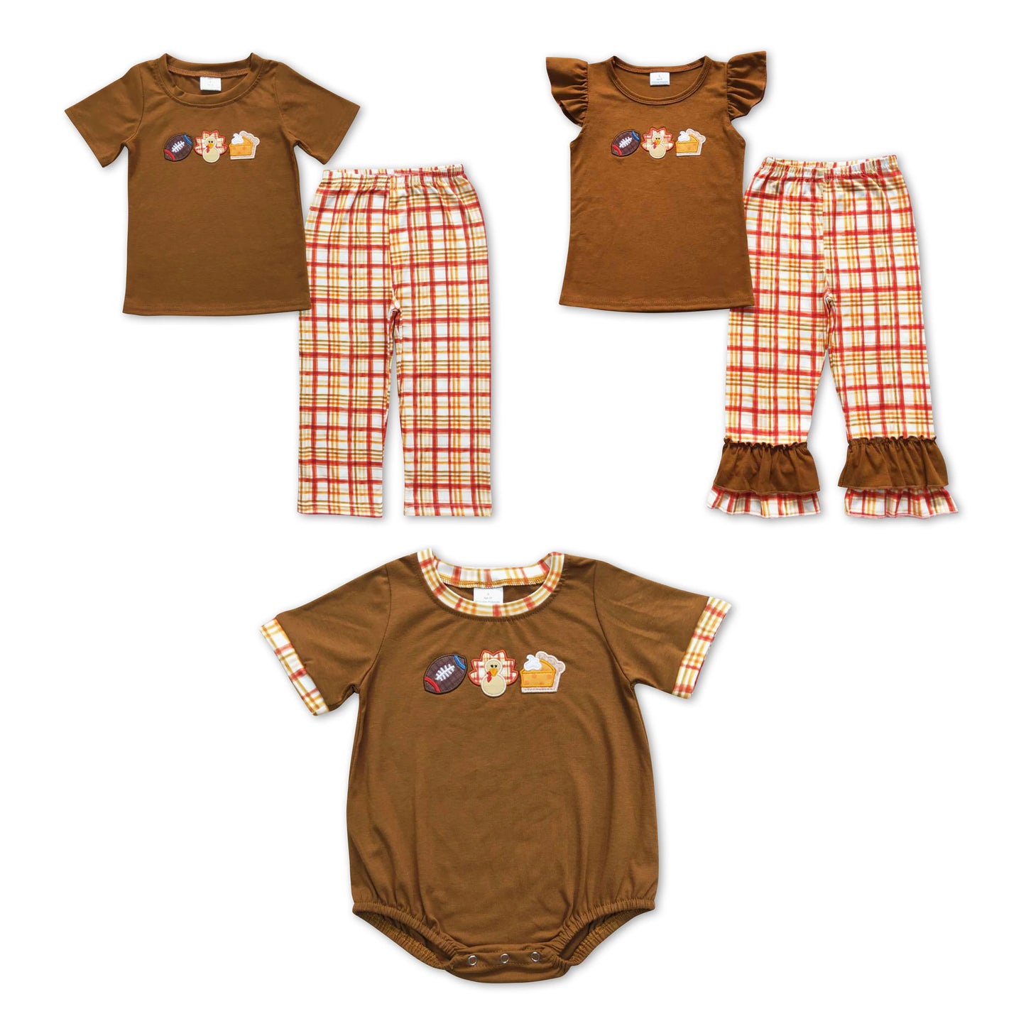 RTS NO MOQ Embroidered Turkey Plaid Brown Embroidery Matching Set