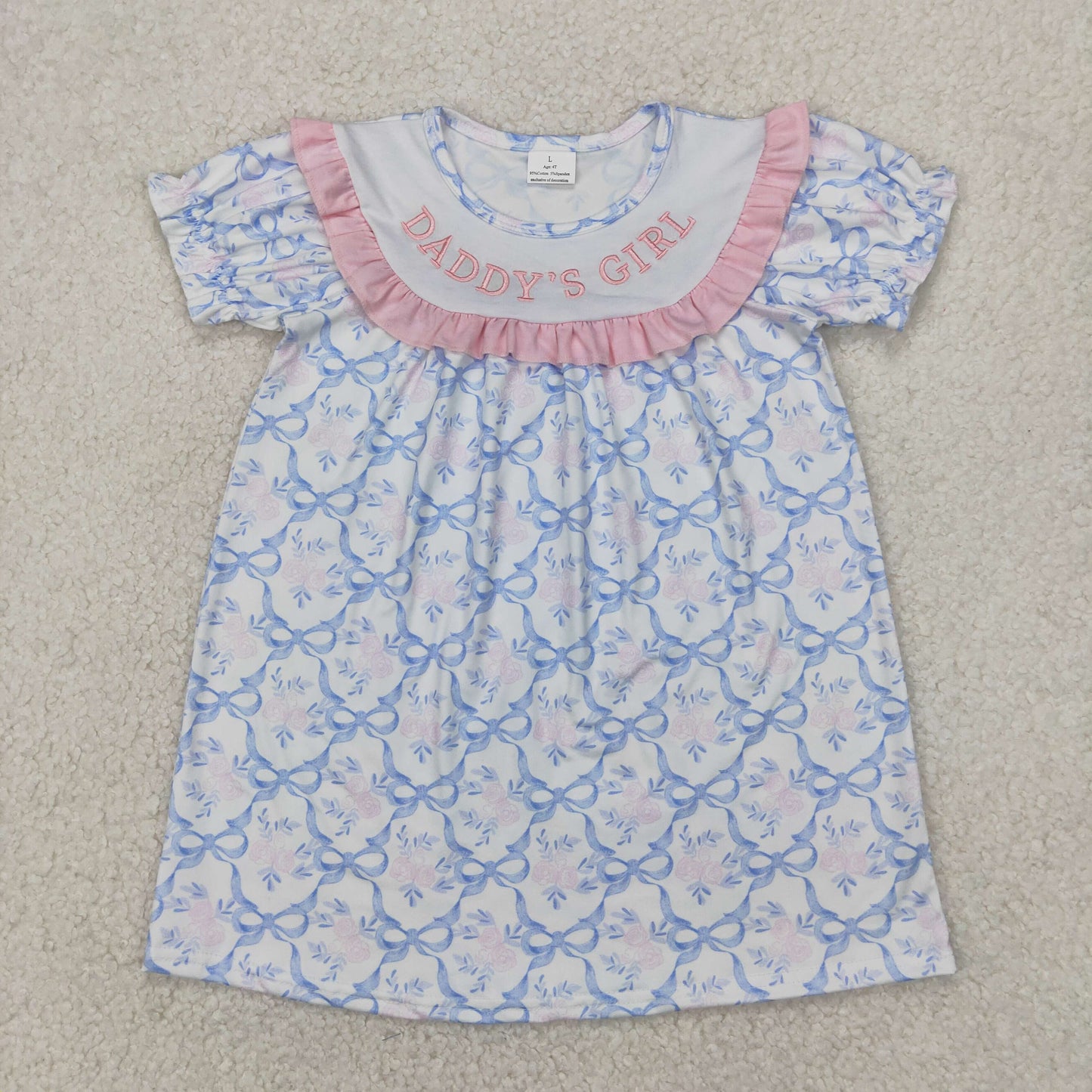 RTS NO MOQ GSD2226 Embroidered daddy's girl flower blue bow pattern white short-sleeved dress