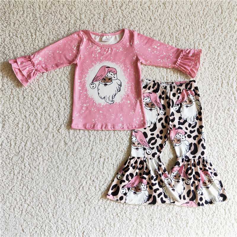 Toddler Girls Bleached Vintage Santa Christmas Collection - Pink Leopard Gnome Santa & Blue Retro Santa Ruffle Bell Bottom Set