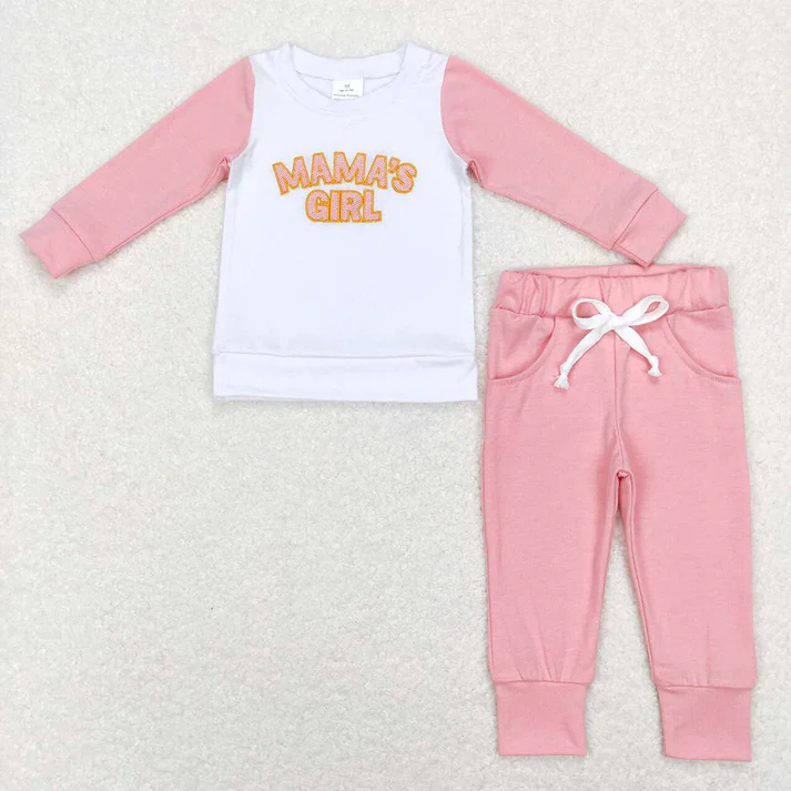 RTS NO MOQ Baby Girls Boys Valentine Embroidery MAMA BOY long sleeve Pants Clothes Sets