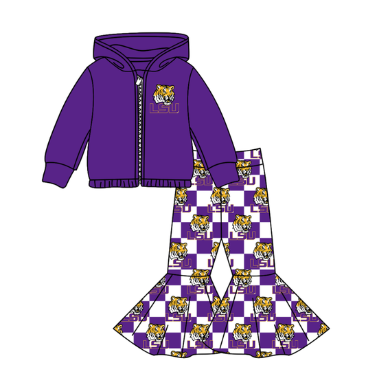 Custom moq 5 mix size milk silk summer teams baby girl clothes purple hooded long sleeve pants sets-25.11.3
