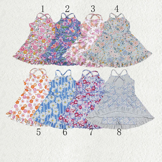 RTS NO MOQ Sibling baby girl clothes yoga floral suspender skirt sets