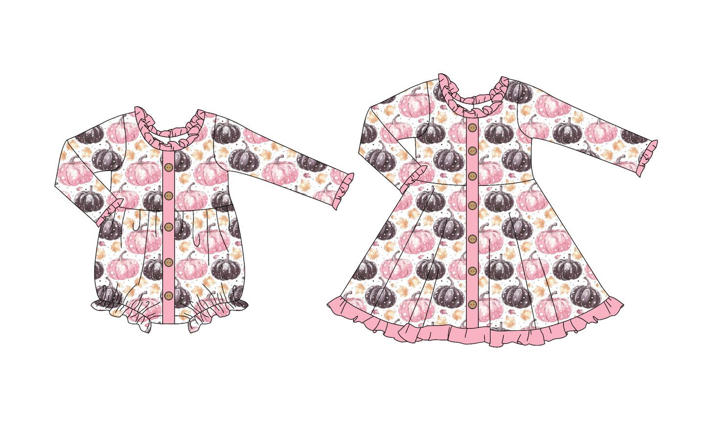 25.6.2 custom each style moq 5eta 4-6week Sibling Sisters pumpkin baby girl long sleeve dress and rompers match family design