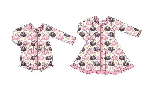 25.6.2 custom each style moq 5eta 4-6week Sibling Sisters pumpkin baby girl long sleeve dress and rompers match family design