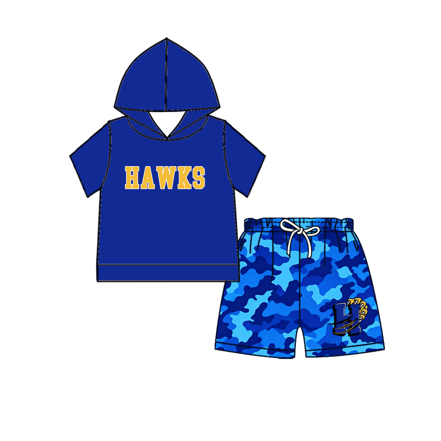 custom moq 5 mix size MSD070906 Baby Kids Short Sleeve Hooded Top And Camo Elastic Waist Shorts Clothes Set