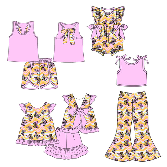 4.24 custom each style moq 5eta 4-6week Sibling Sisters butterfly baby girl short sleeve shorts sets 1 and sets 2 and pants sets and rompers match family design