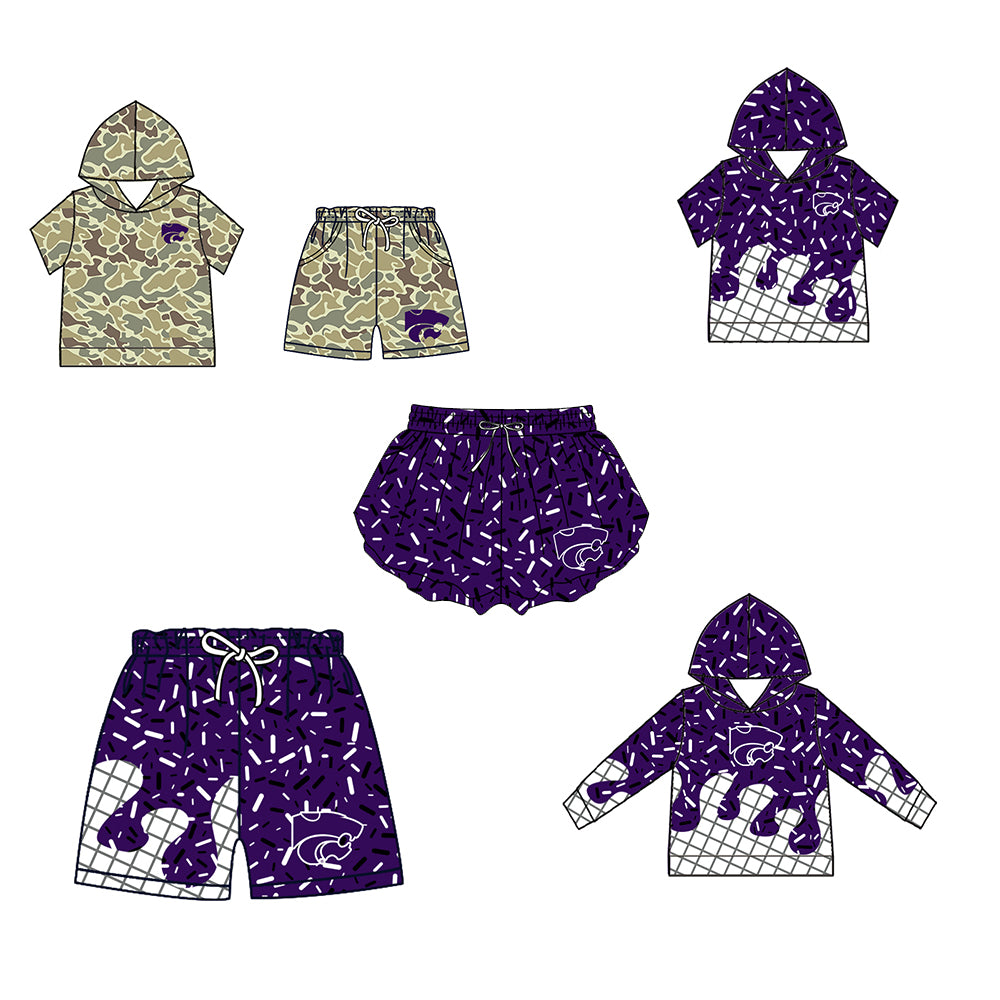 Custom moq 5 mix size milk silk summer teams Baby Camo Hooded Short Sleeve Top and Shorts Set Purple Ice Cream Drips Hooded Top with Matching Shorts