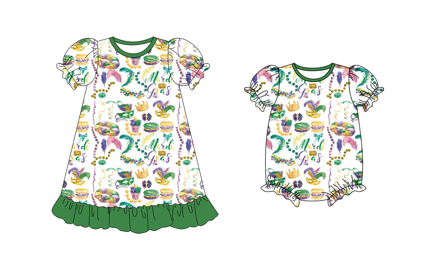 25.10.10 custom each style moq 5 eta 6-8week Sibling Sisters mardi gras baby girl short sleeve dress and romper match family design